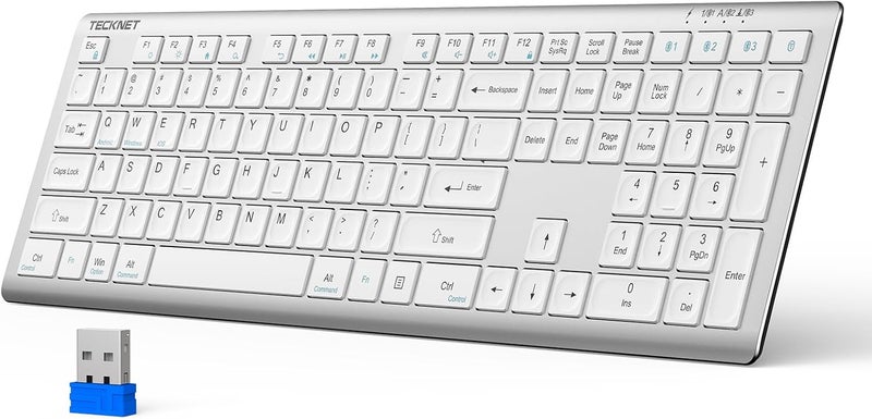 TECKNET Bluetooth Keyboard Rechargeable, 4-Device Free Switching (2.4G+BT), Ultra-Slim Full Size Wireless Keyboard, Quiet Typing, for PC/Laptop/Smart TV/Phone, Adjustable Stand, 12 Multimedia Keys - Image 1